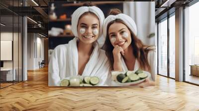 Happy young women waring white bathrobes towels on head having cucumber facial skin care mask. Smiling girls friends relaxing at spa beauty salon. Wall mural