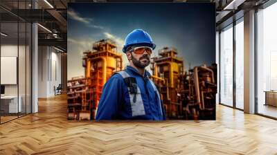 Heavy industry engineer wearing uniform, protective eyeglasses and hard hat standing in front of the refinery at evening. Wall mural