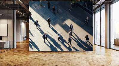 High angle shot of business people commuting to work in the morning or from the office in the evening on foot. Pedestrians dressed in businesswear with long shadows. Wall mural