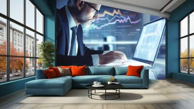 Mature businessman working on laptop in futuristic system control office. Wall mural