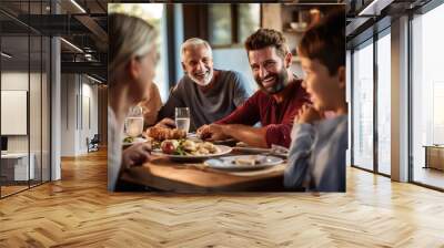 Multi generation family, father, grandfather and grandchildren gathered around table, having lunch together in the kitchen at home. Wall mural