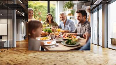 Multi generation family gathered around table, having weekend lunch in the kitchen at home. Wall mural