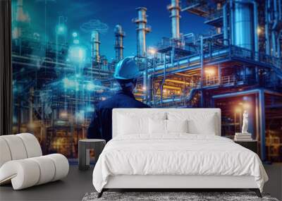 Rear view of engineer with oil refinery industry plant in the background at night, industrial instruments in the factory and futuristic hologram concept, Industry 4.0 concept. Wall mural