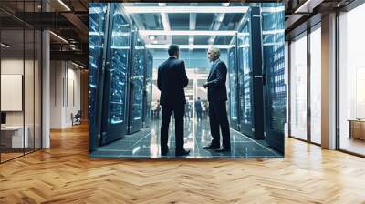 Senior business engineer talking with his business partner, surrounded by database servers. Wall mural