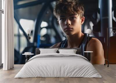 Teenage boy in sportswear posing at gym. Wall mural