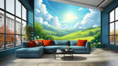 sky nature landscape hill sunny season cartoon background Wall mural