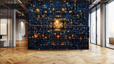 Abstract Circuit Board Pattern with Glowing Lights Wall mural