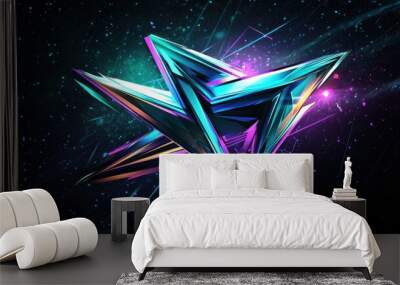 Abstract Geometric Starburst with Blue and Purple Glowing Lines on a Black Background Wall mural