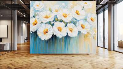 Abstract Oil Painting of White Flowers on Blue and Yellow Background Wall mural