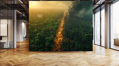 Aerial View of Deforestation and Smoke in Rainforest Wall mural