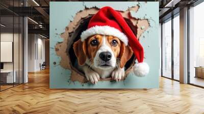 Beagle Dog Wearing Santa Hat Peeking Through Hole. Wall mural