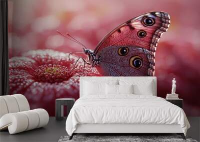 Beautiful Butterfly on Pink Flower with Dew Drops Wall mural