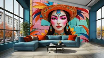 Beautiful Woman in Colorful Costume with Feathers and Jewelry Wall mural