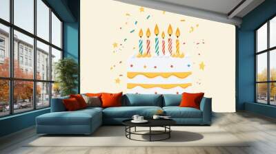 Birthday Cake with Candles and Confetti Illustration Wall mural