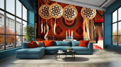 Birthday Cake with Dreamcatchers and Colorful Rug. Wall mural