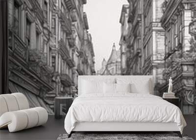 Black and White Sketch of a City Street. Wall mural