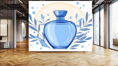 Blue Glass Perfume Bottle with Floral Design and Bubbles Wall mural