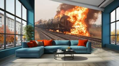 Burning Train Cars on Railroad Tracks Wall mural