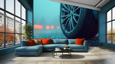 Car Wheel on Wet Asphalt Road in Cinematic Lighting Wall mural