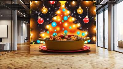 Christmas dinner with lights and christmas tree. Wall mural