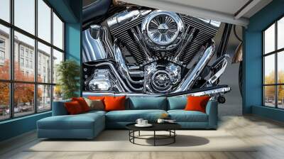 Chrome Motorcycle Engine Closeup   Powerful V Twin Design Wall mural