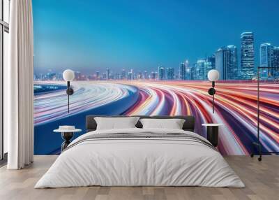 Cityscape with Light Trails at Night Wall mural