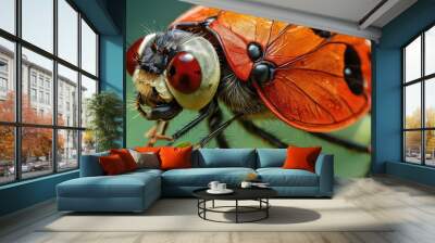 Close-up of a ladybug with its wings open. Wall mural