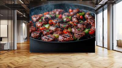 Close up of Juicy Grilled Meat with Vegetables on a Charcoal Grill Wall mural