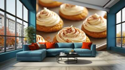 Close Up of Pumpkin Cookies with Cream Cheese Frosting and Cinnamon Wall mural