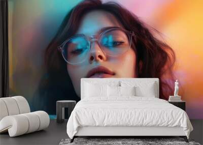 Close-up Portrait of a Woman Wearing Glasses with Colorful Light Effects. Wall mural