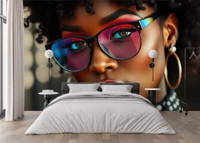 Close Up Portrait of Black Woman Wearing Glasses and Hoop Earrings. Wall mural