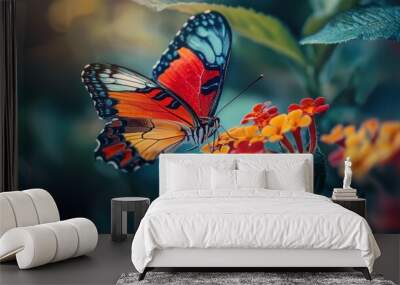 Colorful Butterfly on Orange and Red Flowers in a Garden Wall mural