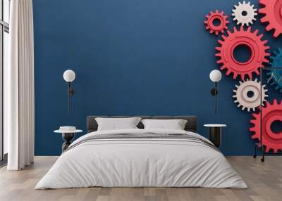 Colorful Gears Interlocking on Blue Background   Business Process  Teamwork  Efficiency Co Wall mural