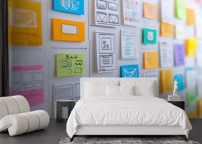 Colorful Sticky Notes with Website Wireframe Sketches on Whiteboard Wall mural