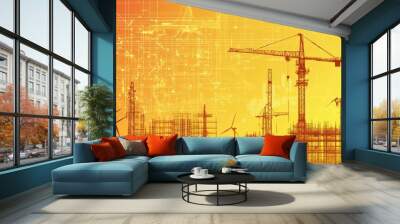 Construction Site with Wind Turbines and Abstract Digital Overlay Wall mural