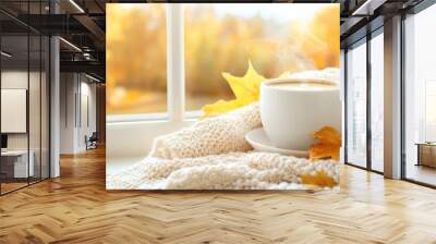 Cozy Autumn Window View with Hot Coffee and Knit Blanket Wall mural