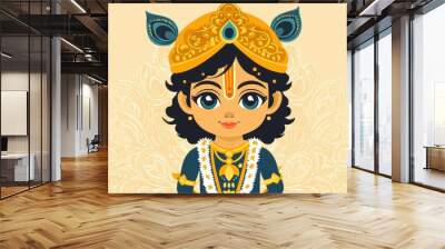 Cute Cartoon Illustration of Krishna with Peacock Feathers and Floral Mandala Background Wall mural