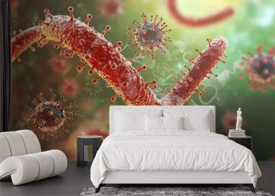 D Virus Illustration   Microscopic View of Red and Yellow Virus Cells Wall mural