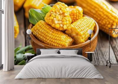 Delicious Cooked Corn on the Cob in a Rustic Bowl Wall mural