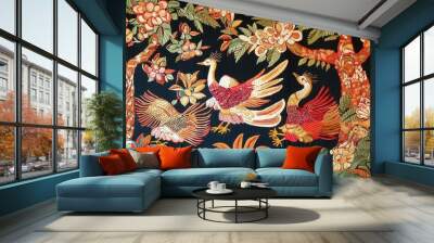 Embroidered Floral Pattern with Birds Wall mural