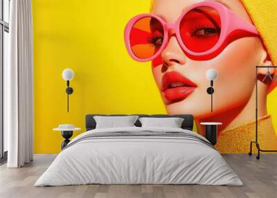 Fashionable Woman in Pink Sunglasses Against a Yellow Background Wall mural