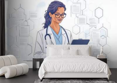 Female Doctor Using Digital Tablet with Medical Data Visualization Wall mural