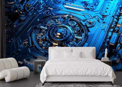 Futuristic Blue Metallic Gear System Close Up Wall mural