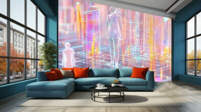 Futuristic Cityscape with Wireframe Human Figure Wall mural