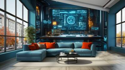 Futuristic Control Room Interior with Glowing Screens and Interface Wall mural