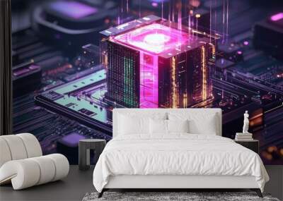 Futuristic CPU Processor Chip with Neon Lights Wall mural