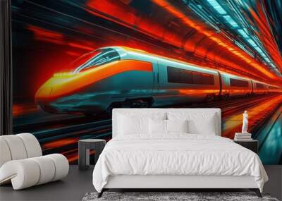 Futuristic High Speed Train in Tunnel with Red and Blue Lights Wall mural