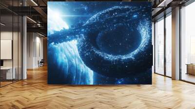 Futuristic Spaceship Orbiting a Frozen Planet Wall mural