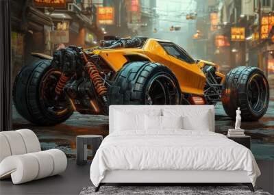 Futuristic Yellow Off Road Vehicle in Cyberpunk City Wall mural