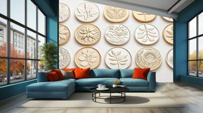 Gold and Silver Coins with Botanical Designs Wall mural